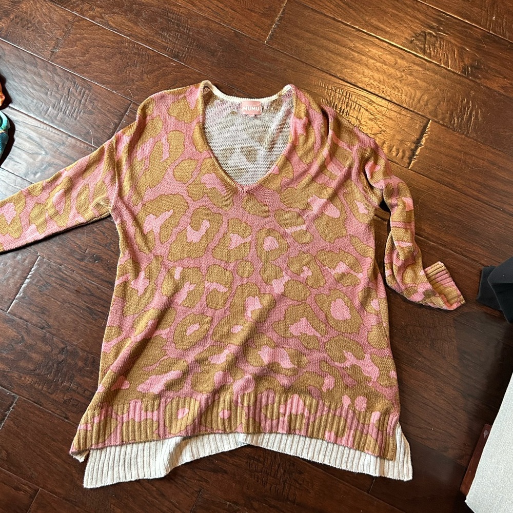 Show me your mumu pink & tan animal print light knit sweater